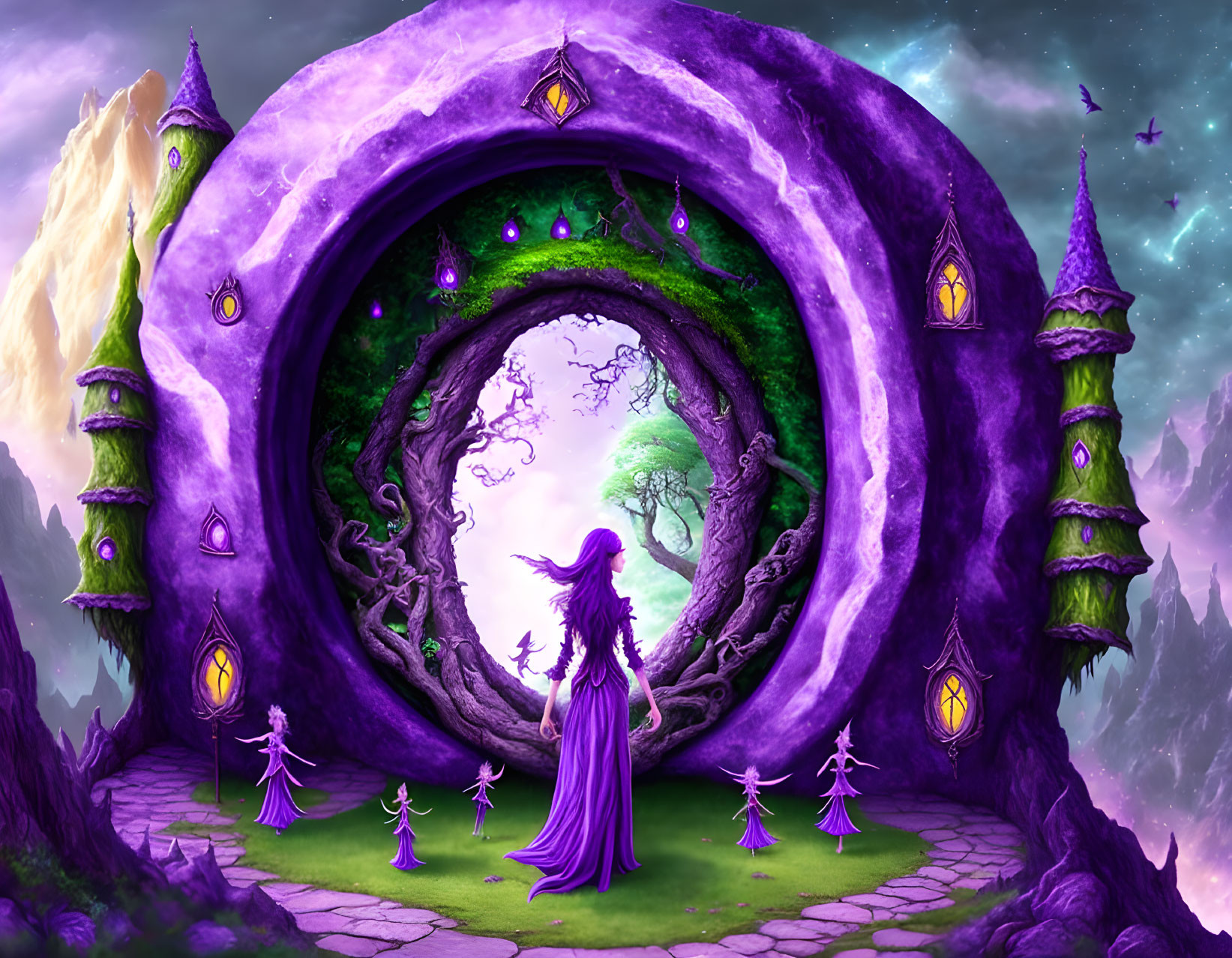 Mystical woman in purple cloak by swirling portal and whimsical towers.