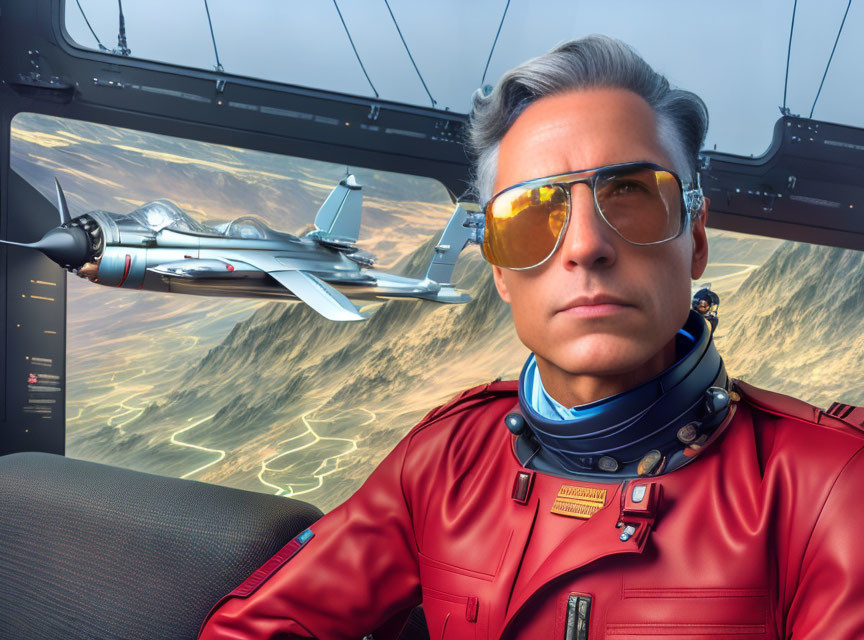 Stylized pilot in red jacket with futuristic glasses and advanced aircraft over desert landscape