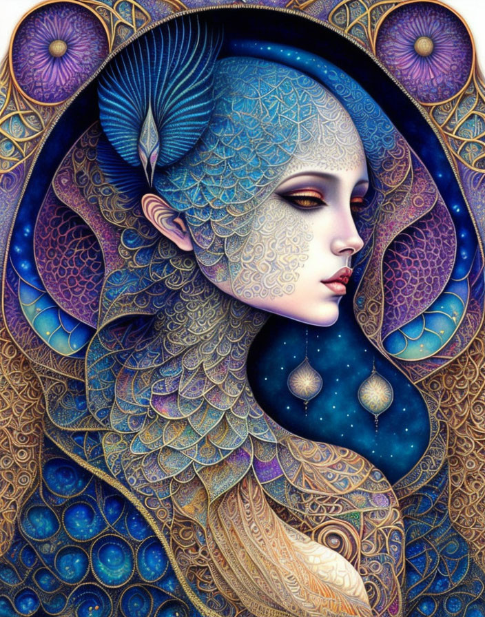 Stylized portrait of woman with blue and gold patterns and fish-like scales