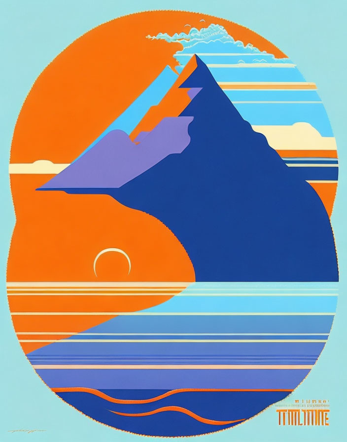 Mountain-themed graphic art with geometric shapes and sun on orange backdrop