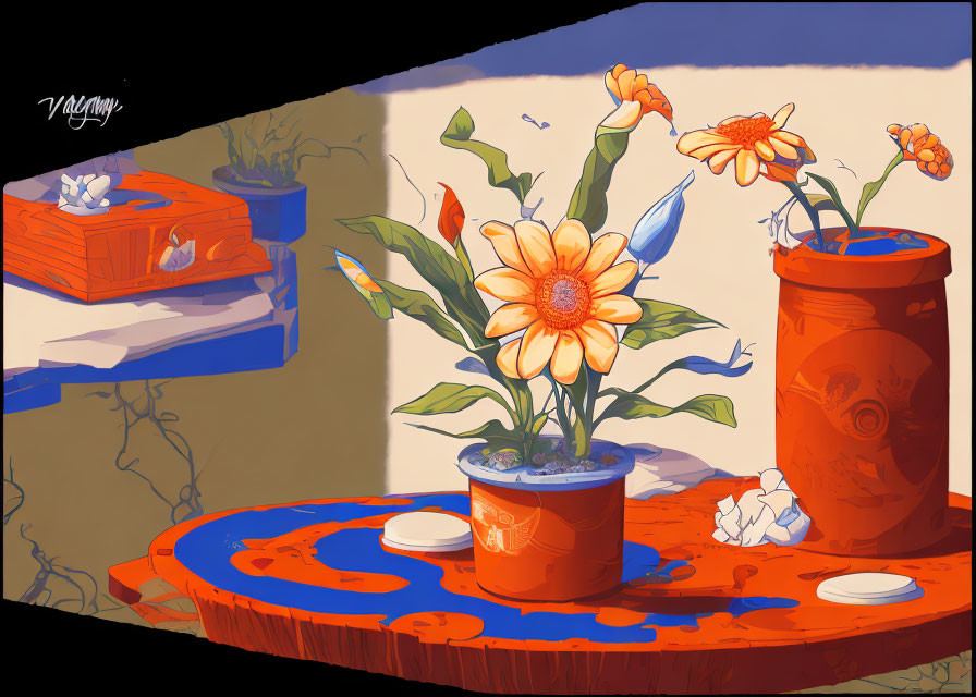 Colorful digital artwork of flowers in pots on patterned table with spilled paint and open box