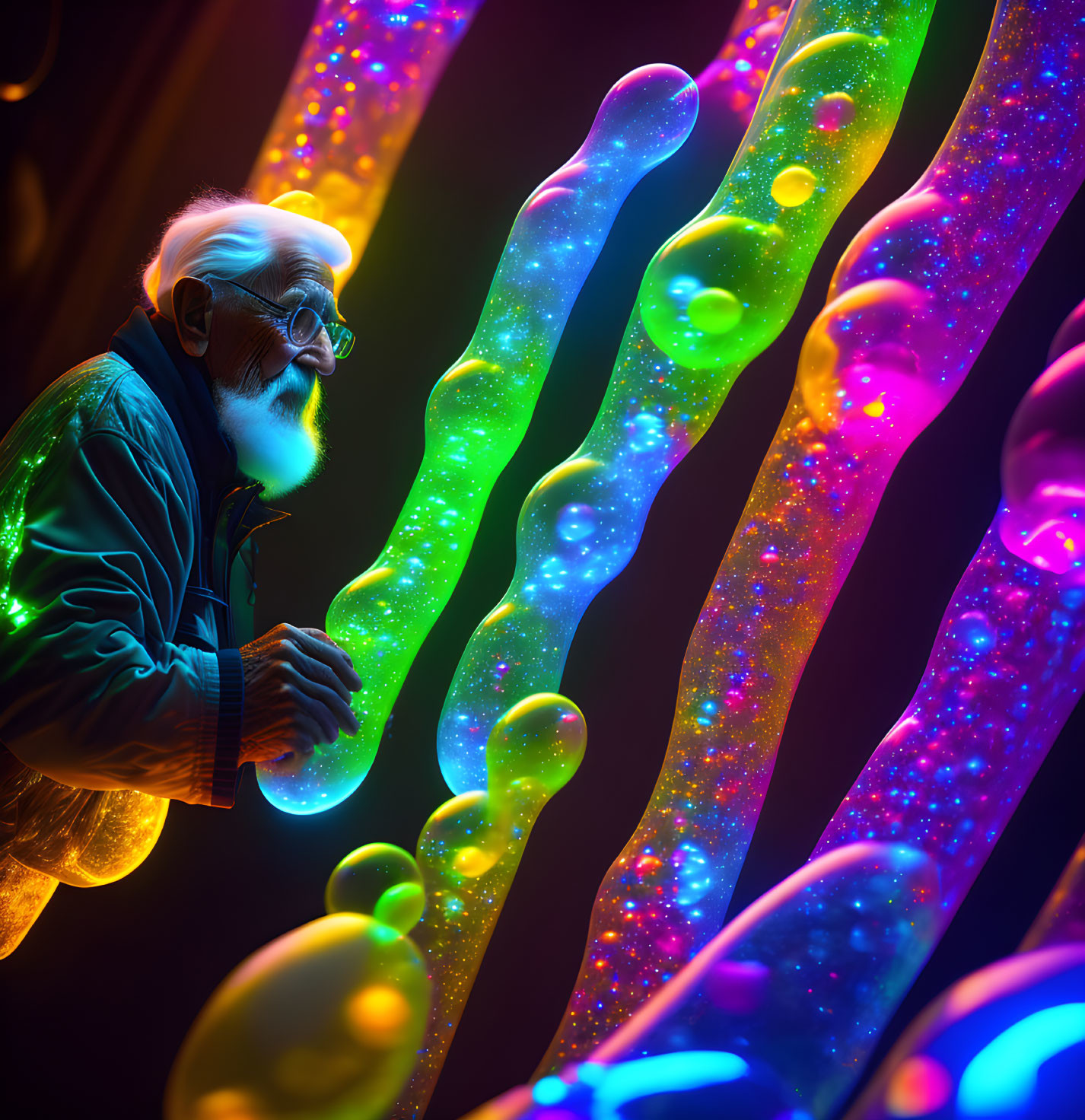 Elderly Man in Awe of Glowing Neon Tubes and Bubbles