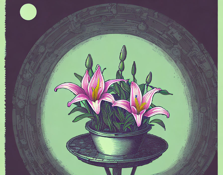 Colorful Pink Lilies Illustration with Moon and Circular Backdrop