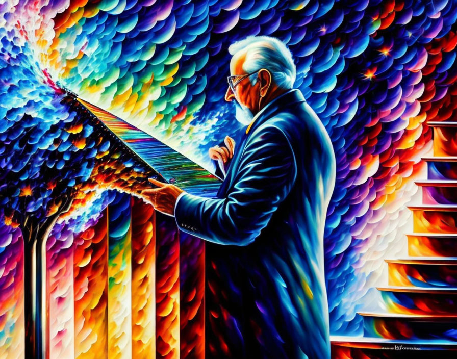 Vibrant painting of elderly man playing grand piano with colorful light patterns.