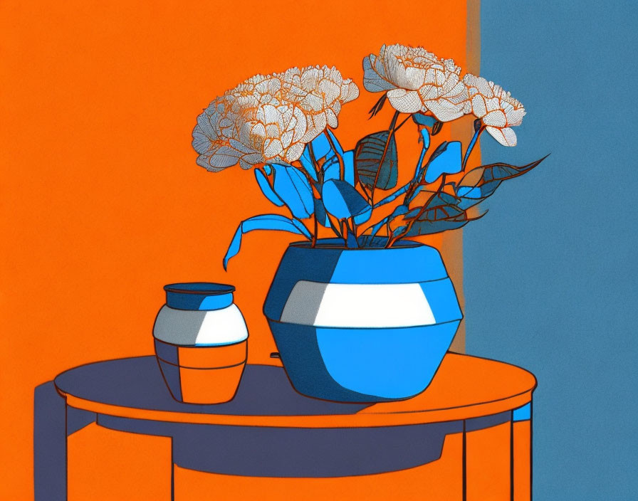 Blue and White Vase with Cream Flowers on Orange Table and Small White Jar