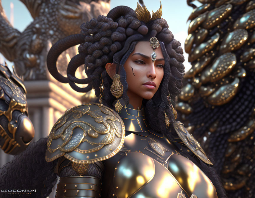 Regal woman in golden armor with horned headpiece and jewelry