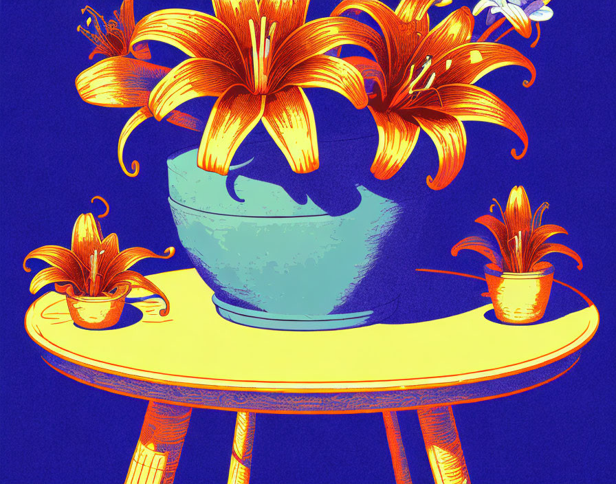 Colorful lilies in blue pot on yellow table with smaller pots, blue backdrop