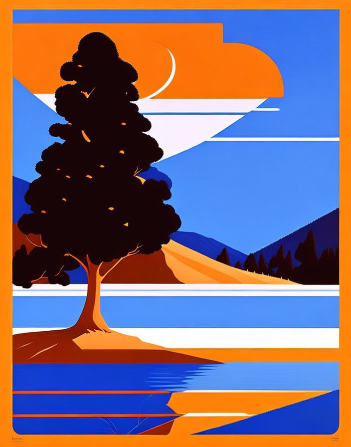 Abstract landscape art with large tree, river, hills, and geometric sky and sun.