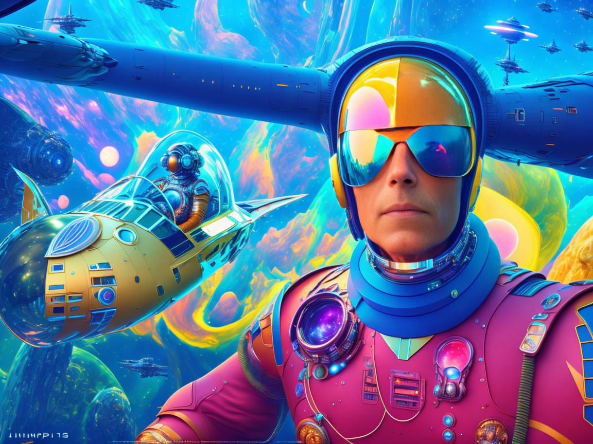 Colorful futuristic pilot in vibrant space suit against alien landscapes.