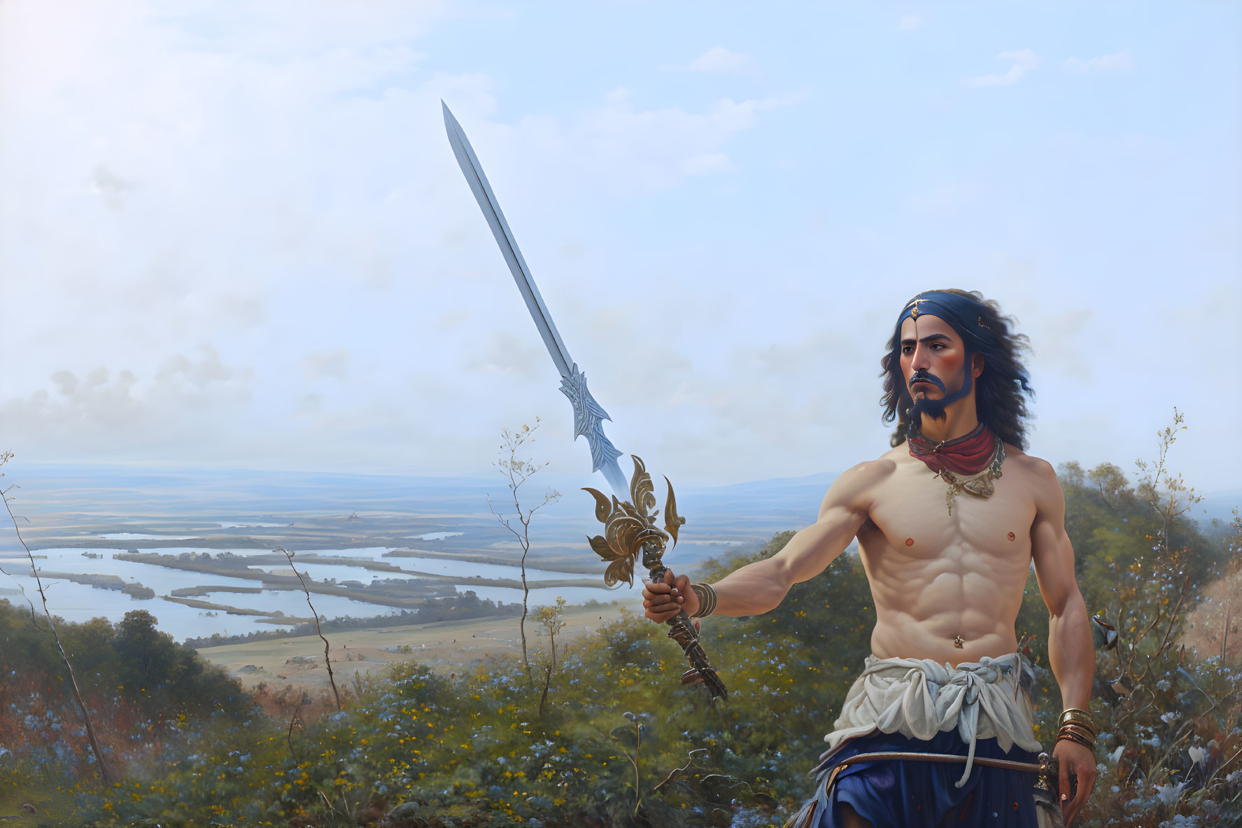 Bare-chested warrior with ornate sword in serene field landscape