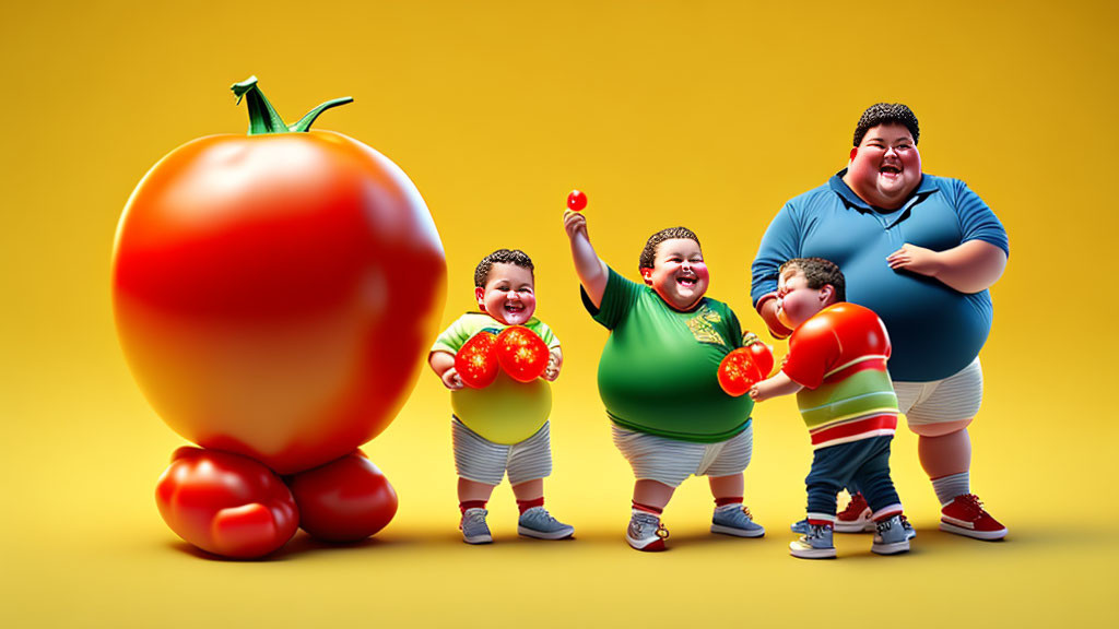 Four cheerful children with tomatoes on yellow background