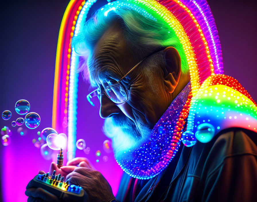 Elderly man blowing bubbles in colorful neon lights