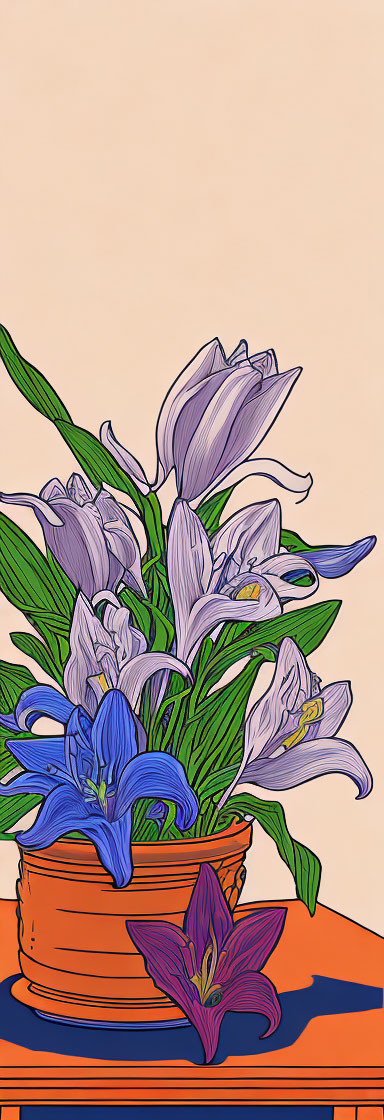 Purple and Blue Flowers in Orange Pot on Peach Background