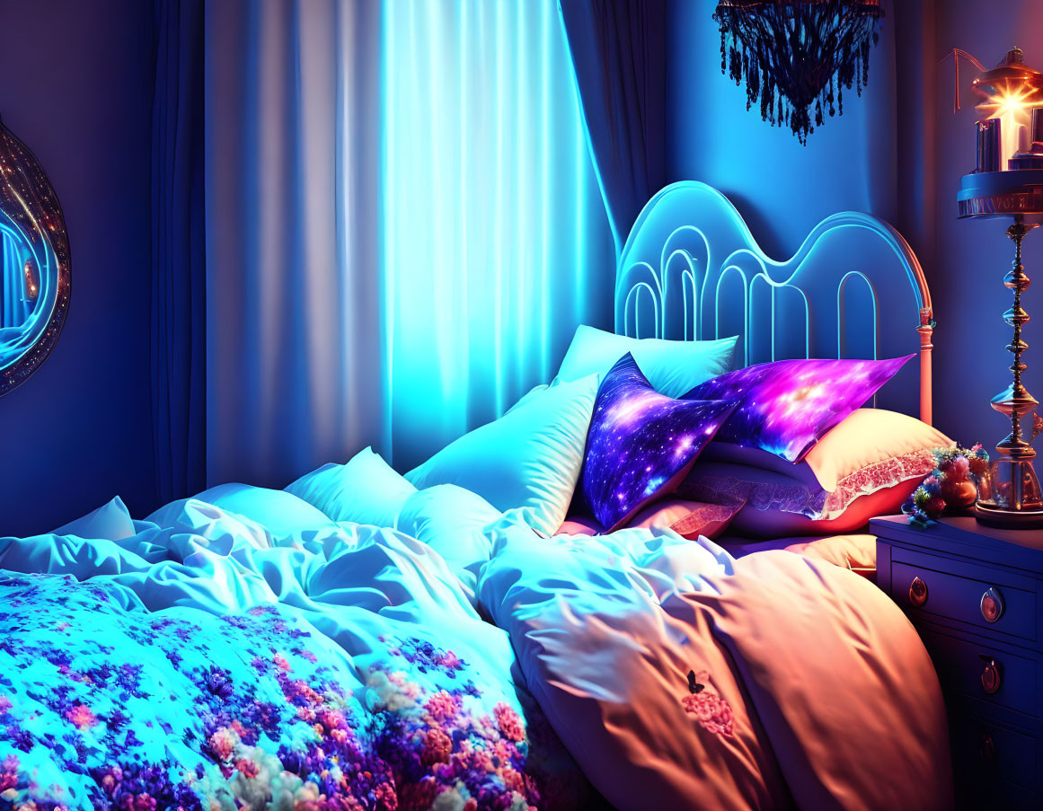 Nighttime Bedroom Decor with Blue Lights, Floral Bedding, Galaxy Pillows, and Candle