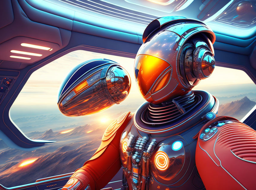 Futuristic robot in orange helmet gazes at desert landscape from spaceship.