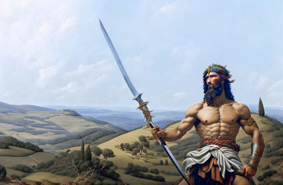 Muscular bearded warrior with sword in serene landscape