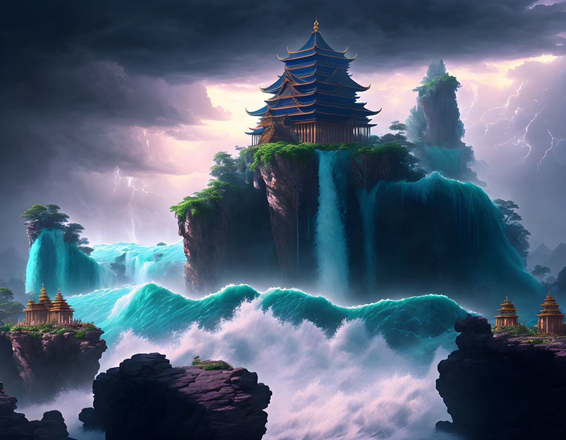 Pagoda on waterfall surrounded by stormy seas and rocky islets