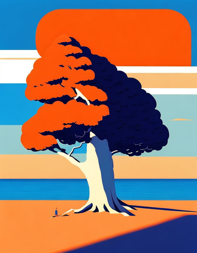 Orange-leaved tree casting shadow on striped landscape in serene illustration