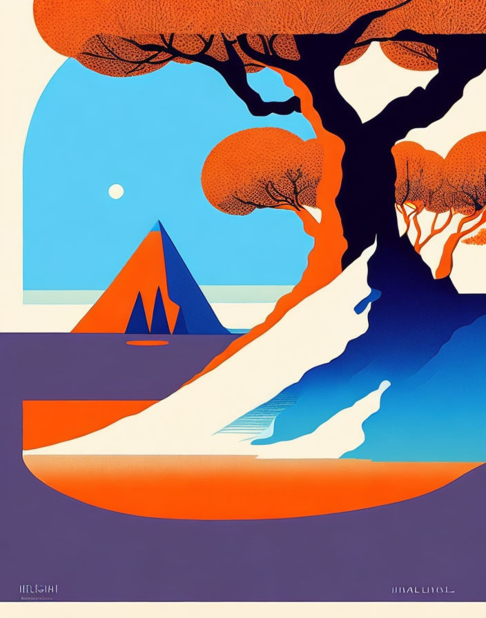 Large orange tree, blue and white tent, sun, hills, and river in stylized graphic artwork