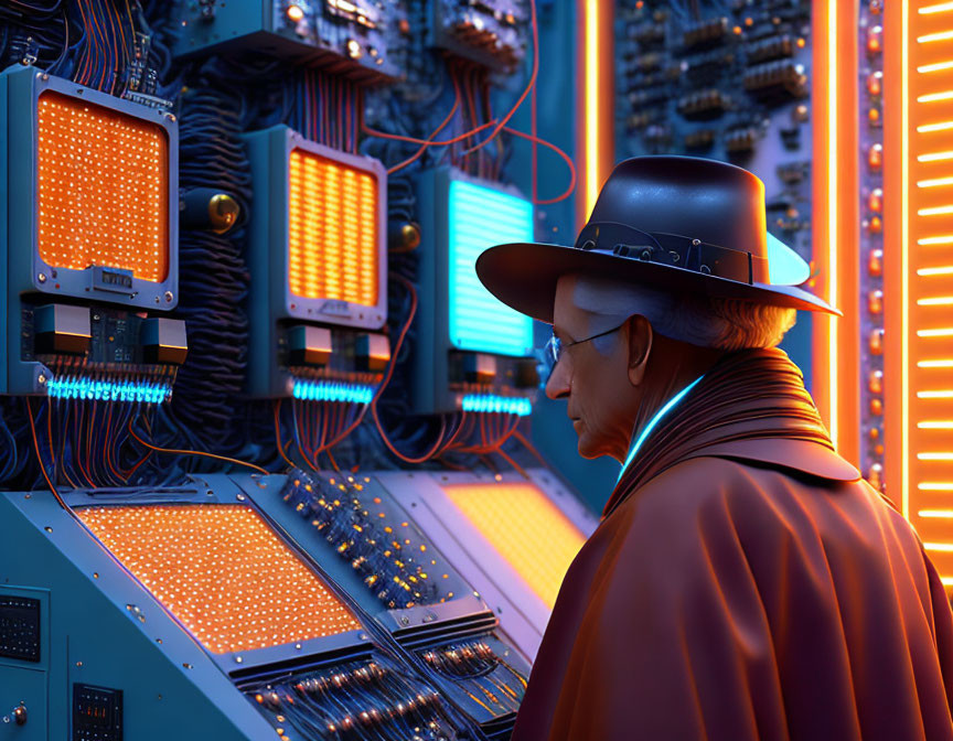 Person in Brown Coat Inspecting Futuristic Server Racks with Glowing Lights