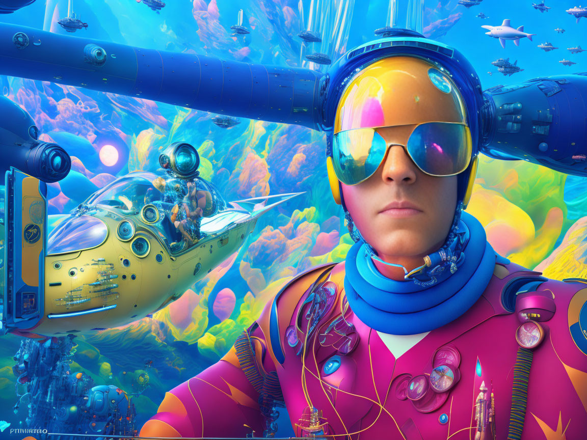 Colorful underwater scene with person in pink wetsuit and yellow submarine