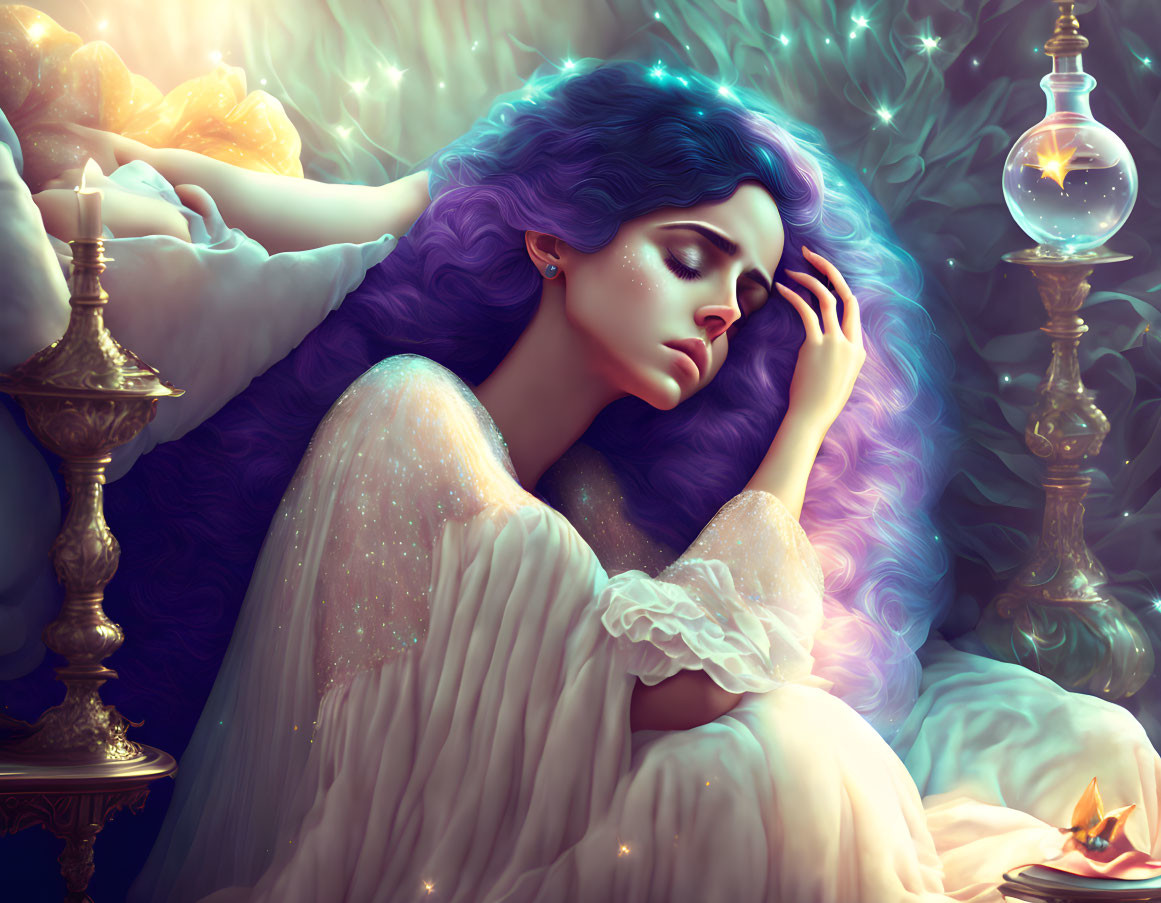 Fantasy illustration of woman with vibrant blue hair among luminescent crystals