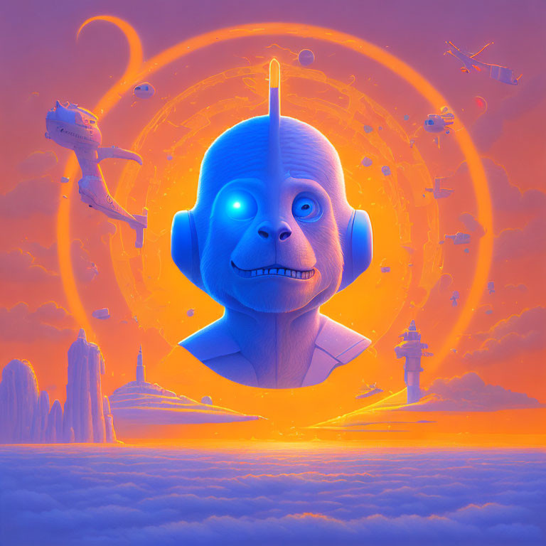 Surreal blue-faced figure with antenna in orange sky and flying vehicles