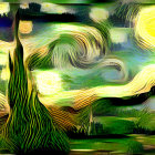 Swirling skies, bright stars, cypress tree - reminiscent of "Starry Night