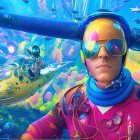 Colorful futuristic pilot in vibrant space suit against alien landscapes.