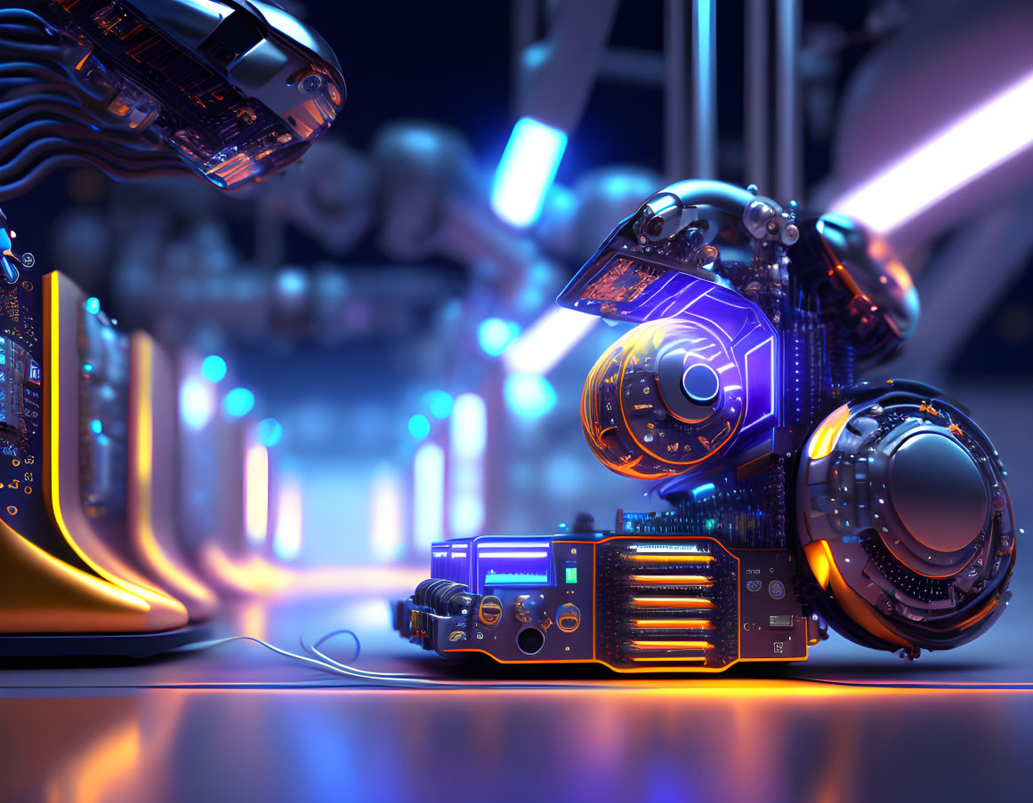 Futuristic robots in high-tech environment with neon lights