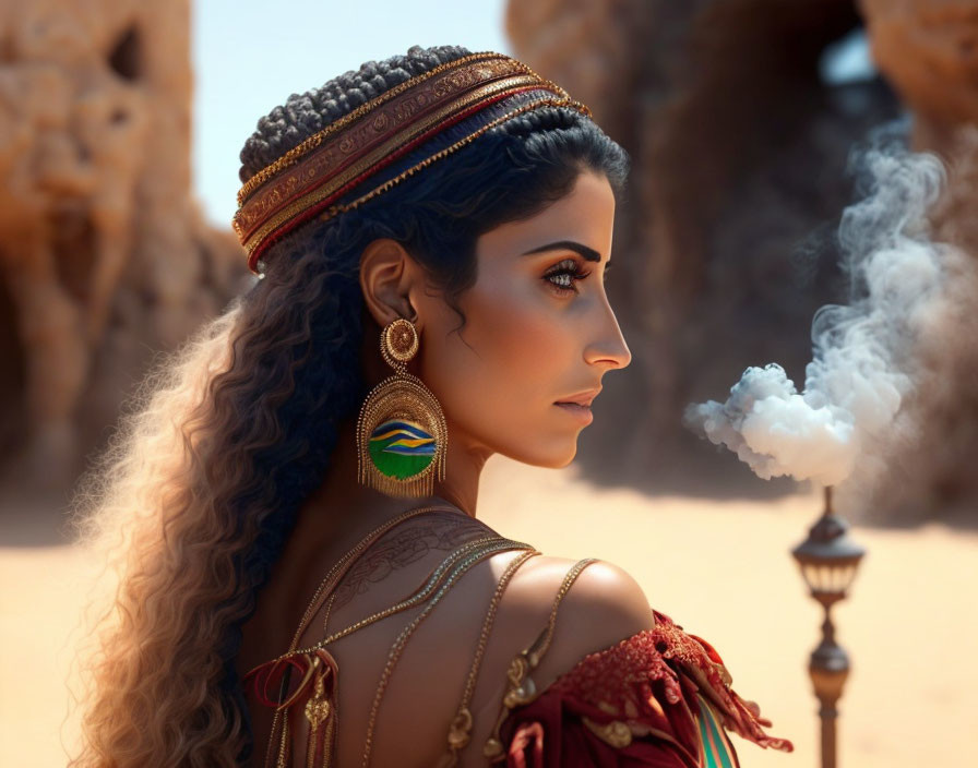 Woman with Styled Hair and Ornate Jewelry Exhaling Smoke in Desert Setting