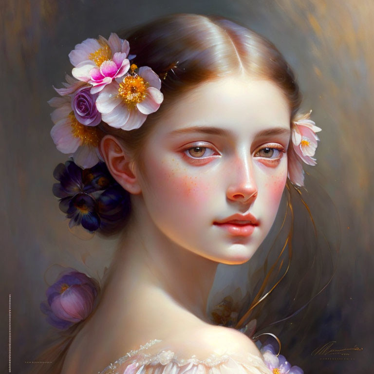 Portrait of young woman with floral hair adornments and serene expression