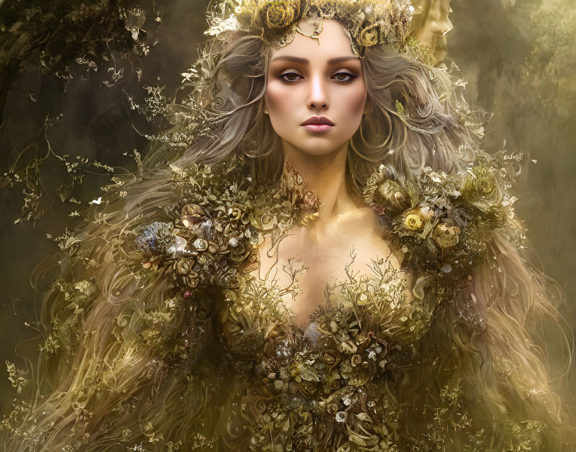 Elaborate nature-inspired attire on mystical female figure