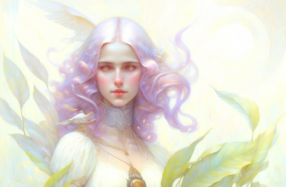 Fantasy illustration of person with elfin features and pastel purple hair in ethereal setting.