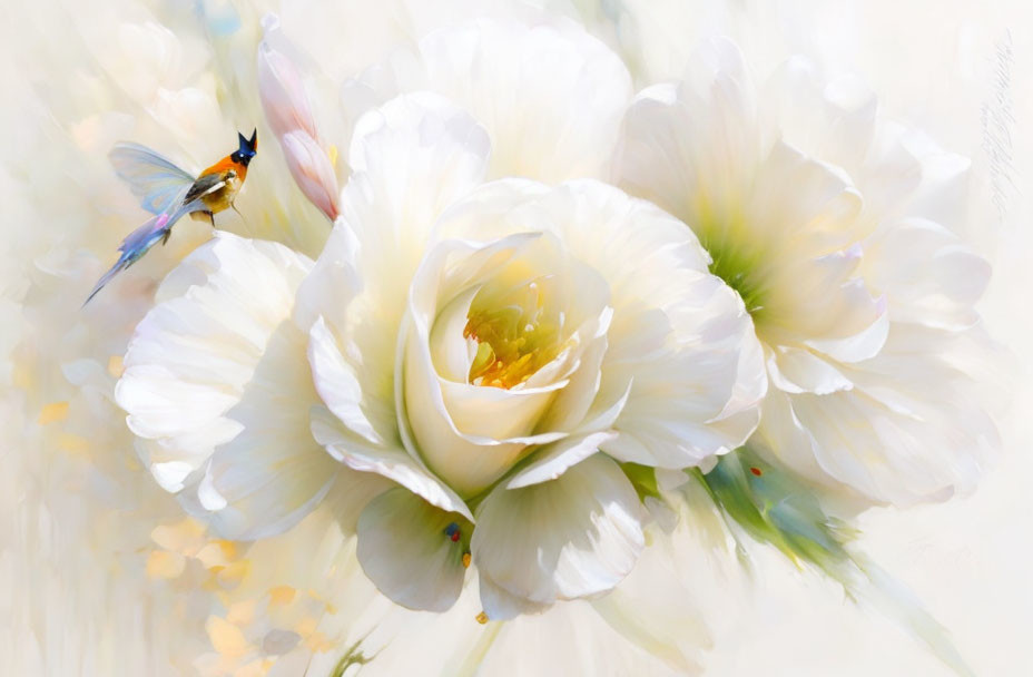 White Blooming Flowers Painting with Soft Pastel Tones and Bird