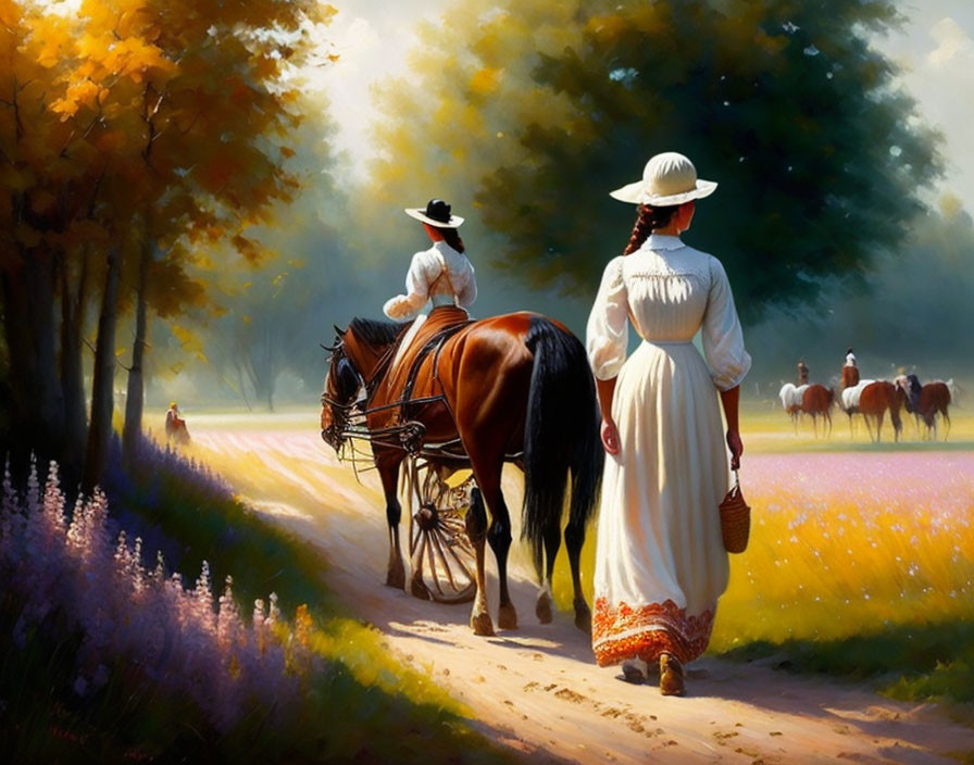 Tranquil countryside scene with two women, horseback rider, and blooming lavender field