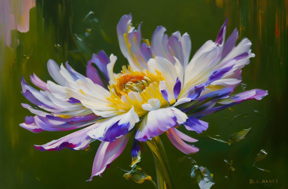 Colorful oil painting of a purple and white bloom on green background