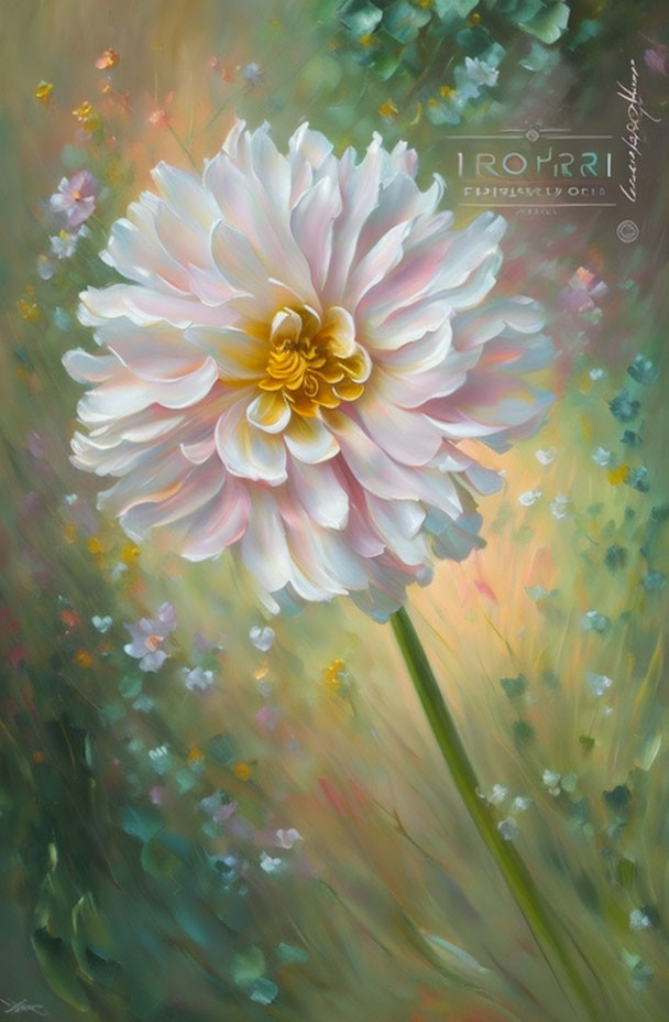 White and Yellow Flower Painting with Lush Green Backdrop