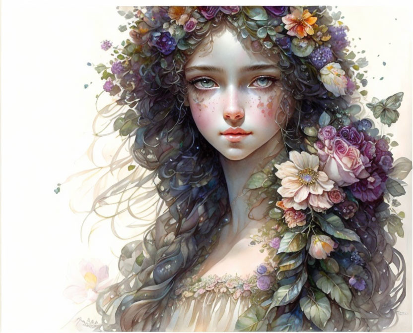 Illustration: Girl with Floral Crown and Flowers in Hair