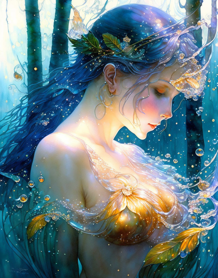 Ethereal woman with aquatic elements and gold, surrounded by bubbles and fish