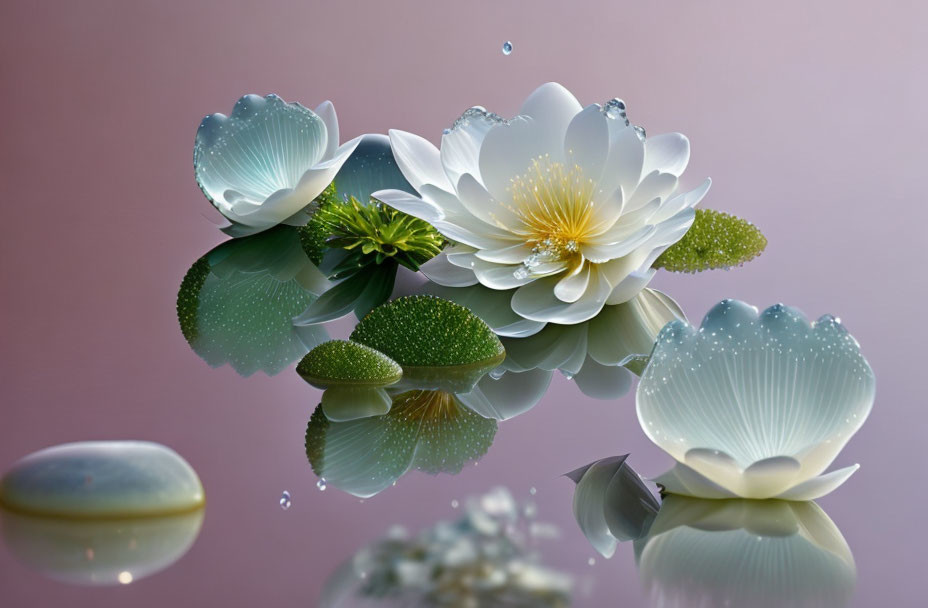 Tranquil scene of white lotus flowers, green lily pads, water droplets, and