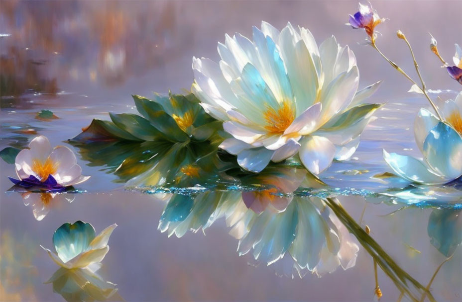 Tranquil digital painting of white water lilies on calm water