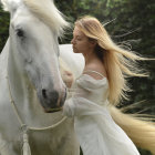 Woman in elegant attire embracing white horse in lush floral setting