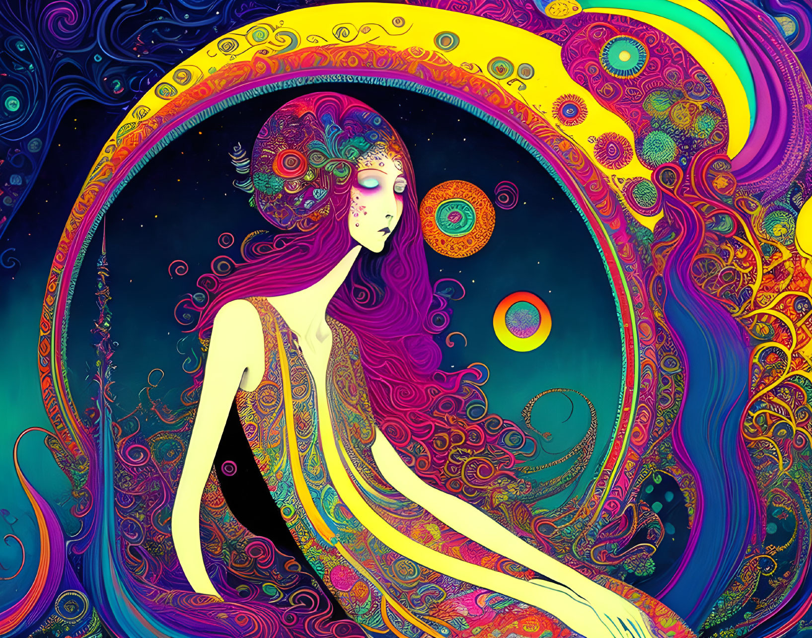 Colorful cosmic artwork featuring female figure with purple hair