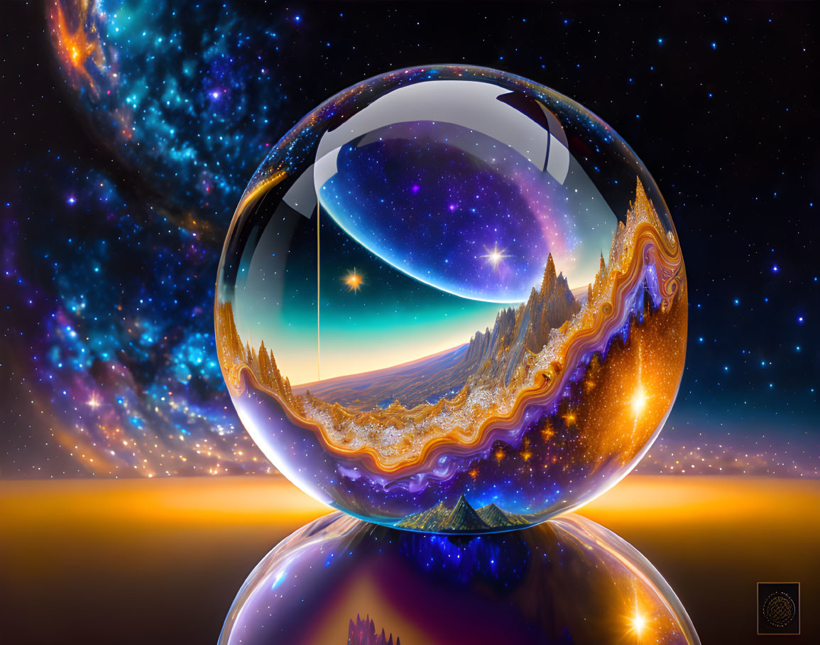 Surreal digital artwork of crystal ball with cosmic landscape