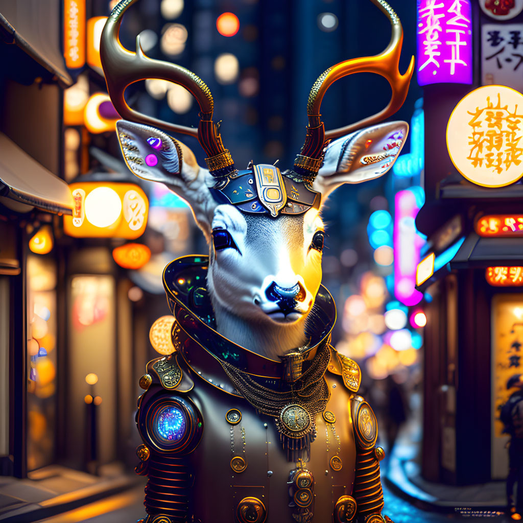 Stylized robotic deer with golden antlers in neon-lit urban setting