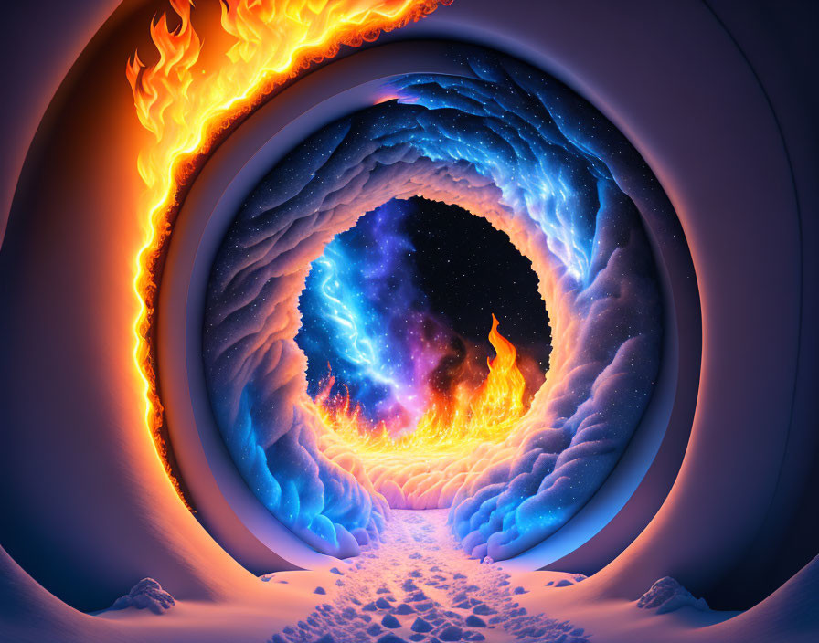 Surreal tunnel with fiery orange edges and icy blue walls contrasted by starry night sky