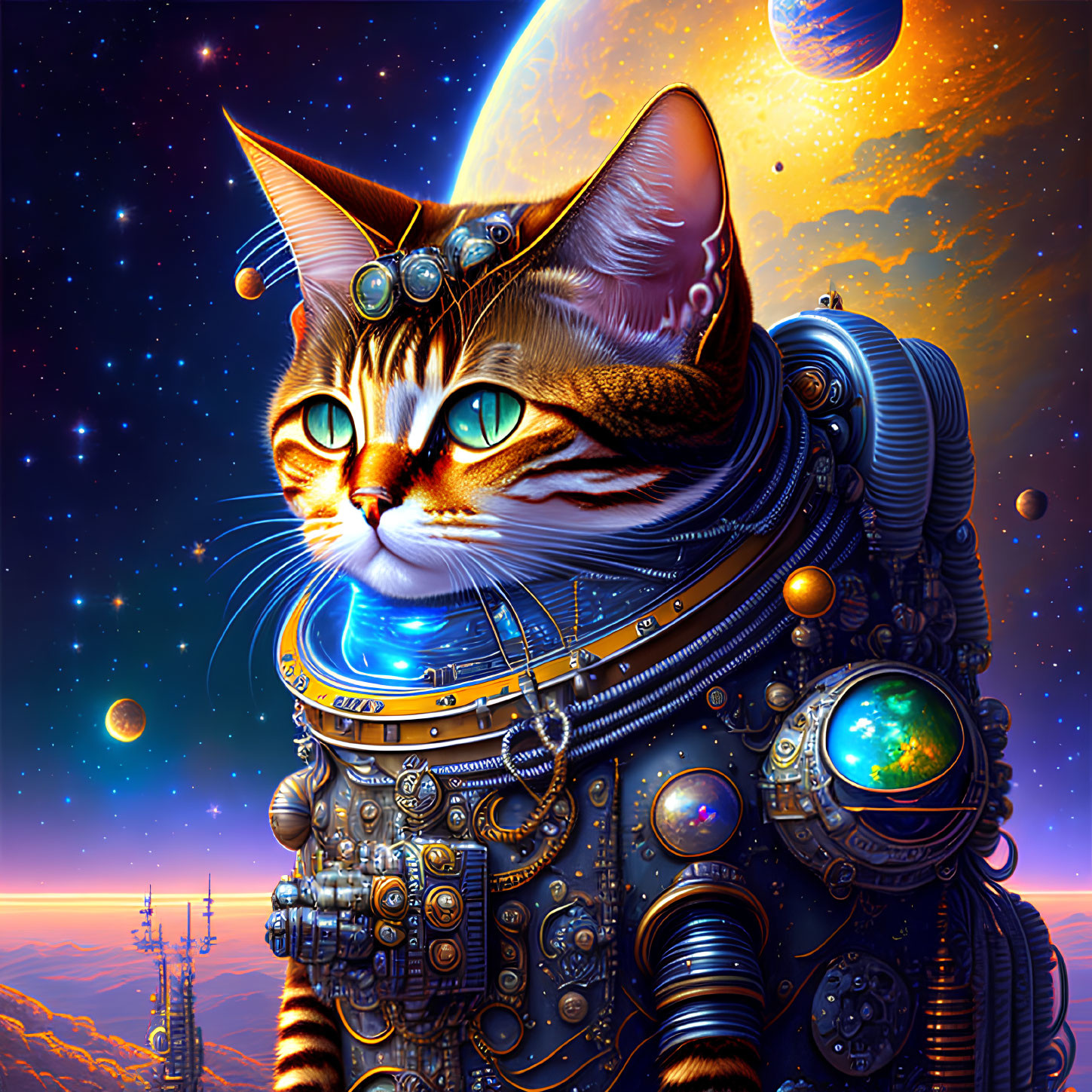 Futuristic cat in space suit amid cosmic backdrop