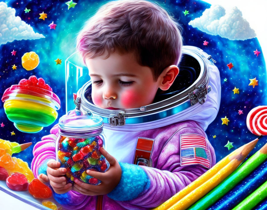 Young child with space helmet holding jar of candies in cosmic setting