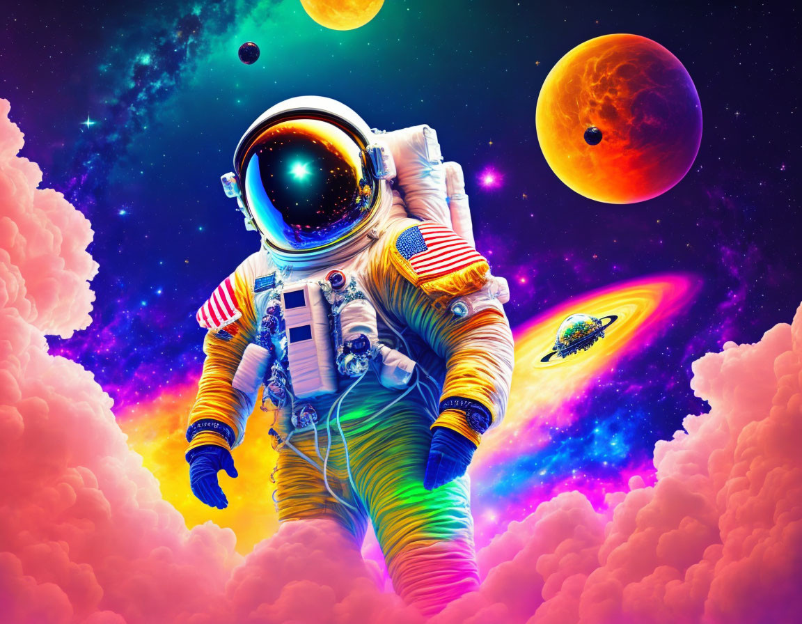 Astronaut in colorful cosmic scenery with pink clouds